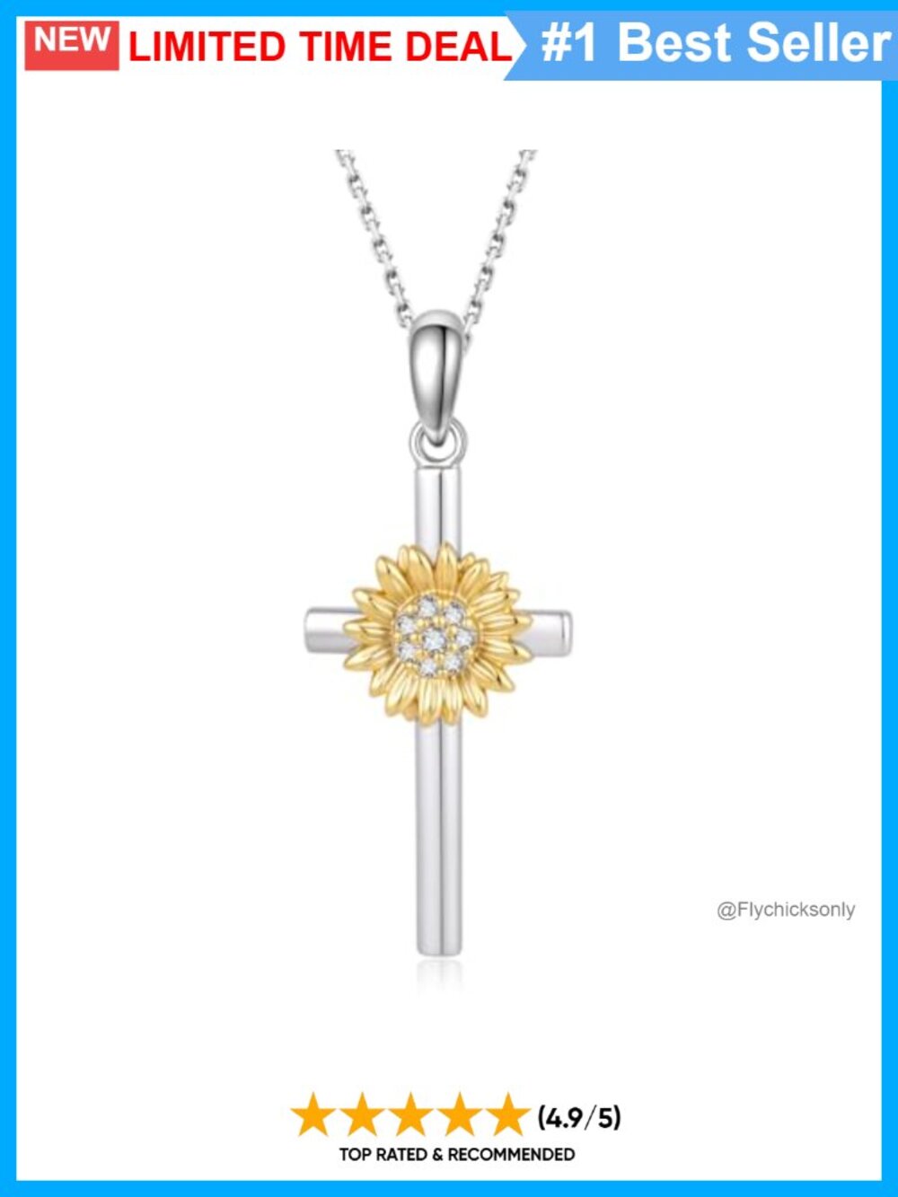 925 Sterling Silver Lab Grown Diamond Sunflower Cross Pendant Necklace